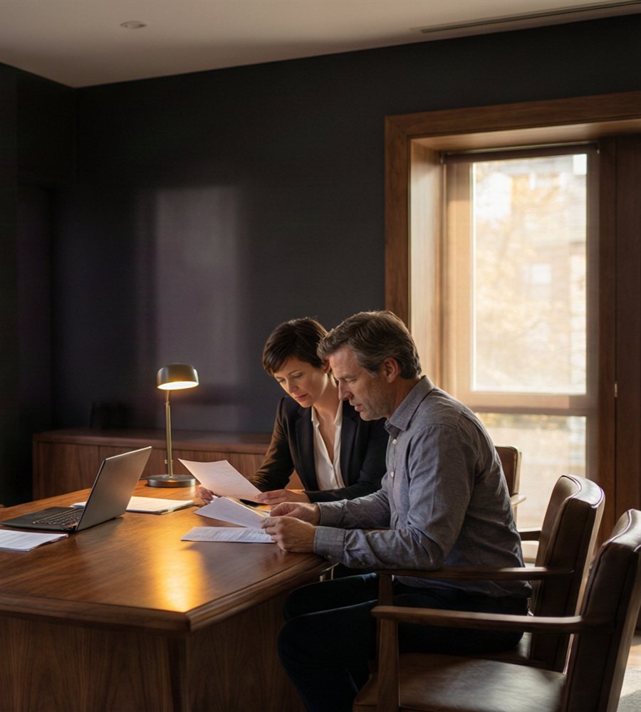 Editorial illustration of a calm professional consultation